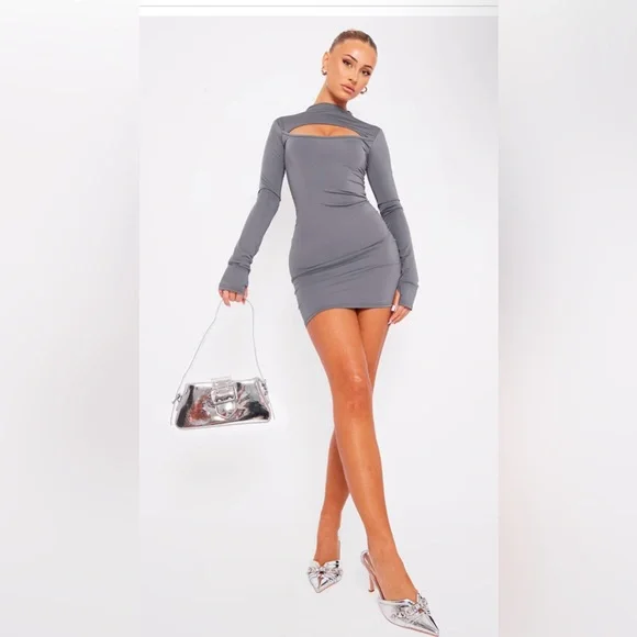 plt grey dress Sherine Ribbed Modal Square Neck Long Sleeve Mini Dress in Grey